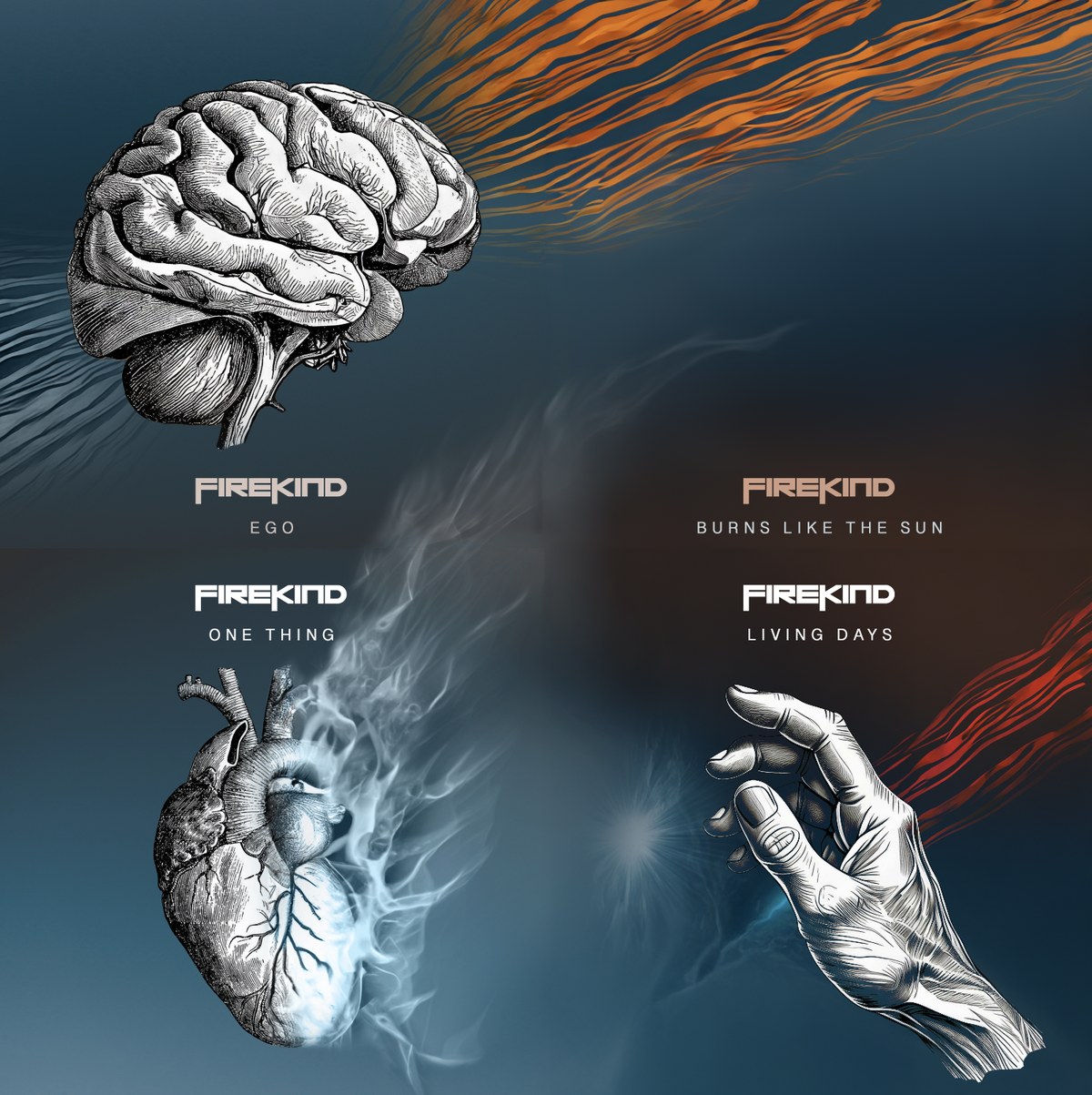 Firekind singles artwork collage - Living Days, Burns Like The Sun, Ego, One Thing
